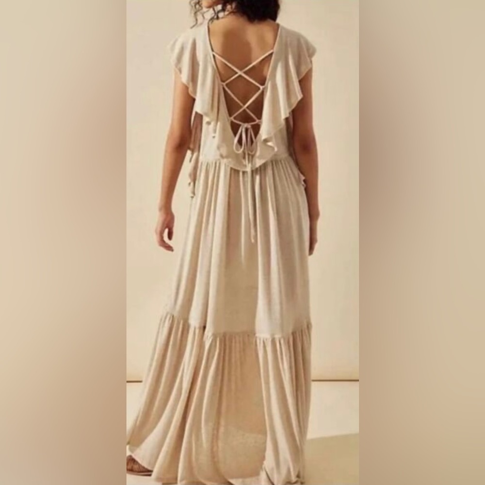 Free People Beach Terrazo Maxi Dress Linen Blend in Oatmeal Size Small
